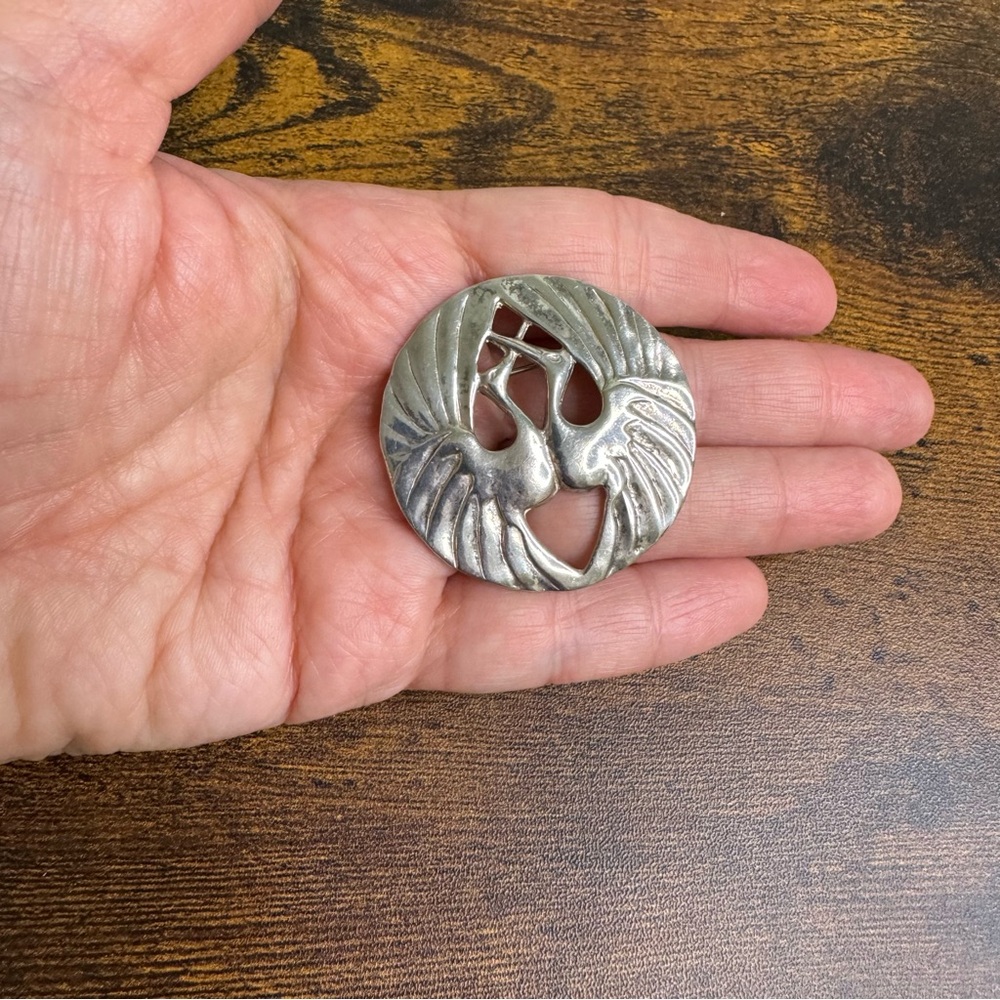Sterling Silver Double Crane Brooch Dove Bird Love Vintage 19.79 grams
